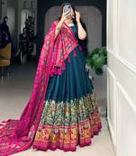 Green Kalamkari Print Tussar Silk blend  Lehenga Choli with Foil Work & Gotta Patti Dupatta