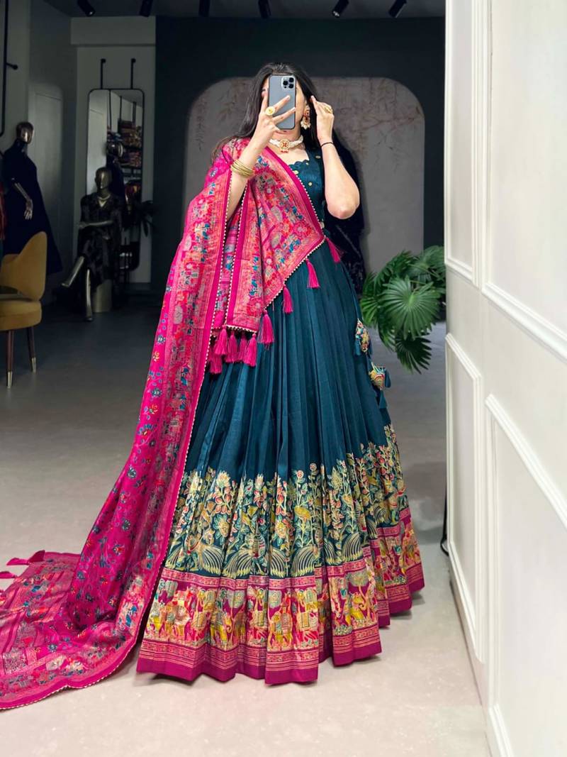 Green Kalamkari Print Tussar Silk blend  Lehenga Choli with Foil Work & Gotta Patti Dupatta