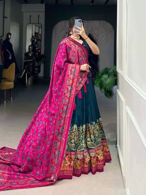 Green Kalamkari Print Tussar Silk blend  Lehenga Choli with Foil Work & Gotta Patti Dupatta 2