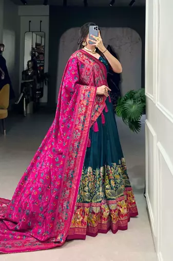 Green Kalamkari Print Tussar Silk blend  Lehenga Choli with Foil Work & Gotta Patti Dupatta
