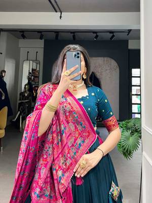 Green Kalamkari Print Tussar Silk blend  Lehenga Choli with Foil Work & Gotta Patti Dupatta 3