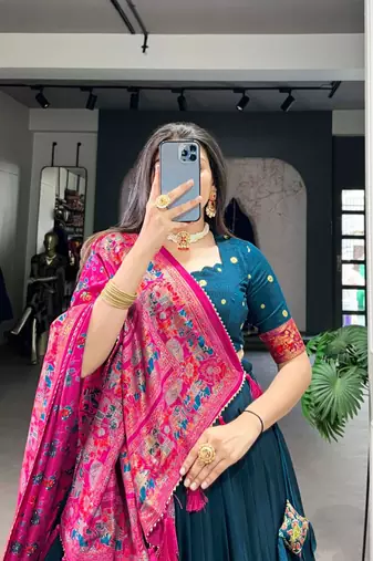 Green Kalamkari Print Tussar Silk blend  Lehenga Choli with Foil Work & Gotta Patti Dupatta