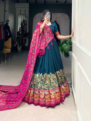 Green Kalamkari Print Tussar Silk blend  Lehenga Choli with Foil Work & Gotta Patti Dupatta 4