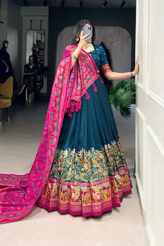 Green Kalamkari Print Tussar Silk blend  Lehenga Choli with Foil Work & Gotta Patti Dupatta