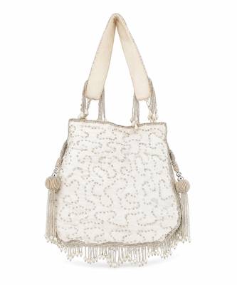 Silver ivory silk fringe potli bag 2