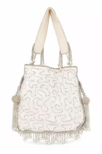 Silver ivory silk fringe potli bag