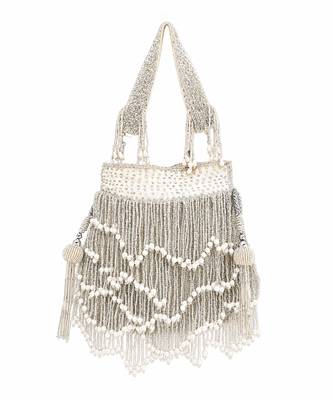 Silver ivory silk fringe potli bag 4
