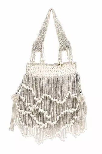 Silver ivory silk fringe potli bag