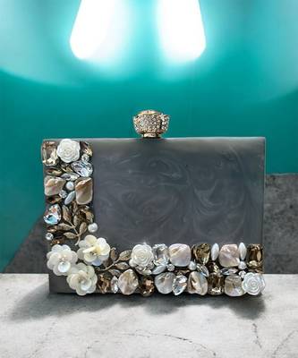 Grey pearl rexine box clutch 1