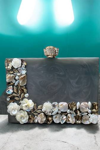 Grey pearl rexine box clutch