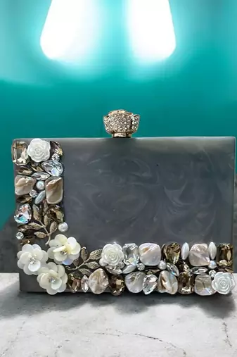Grey pearl rexine box clutch
