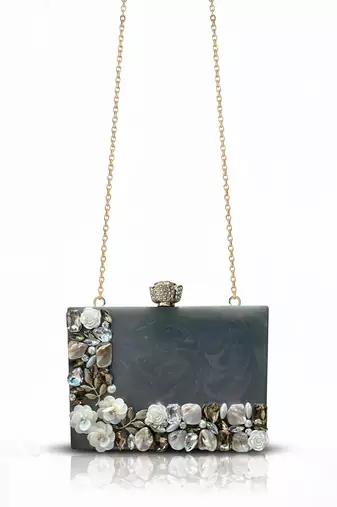 Grey pearl rexine box clutch