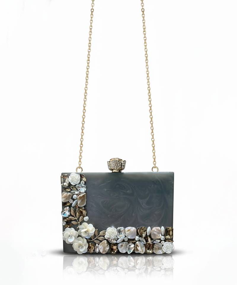 Grey pearl rexine box clutch