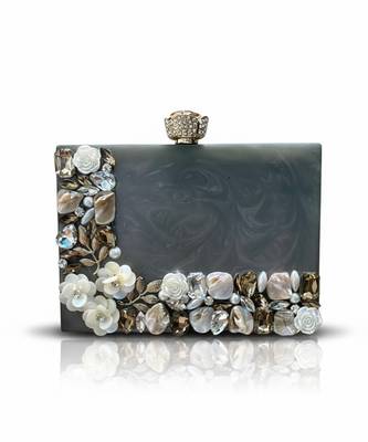 Grey pearl rexine box clutch 4
