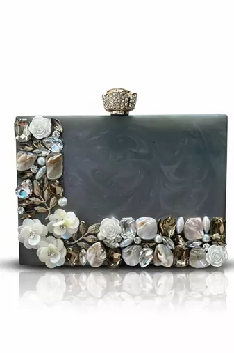 Grey pearl rexine box clutch