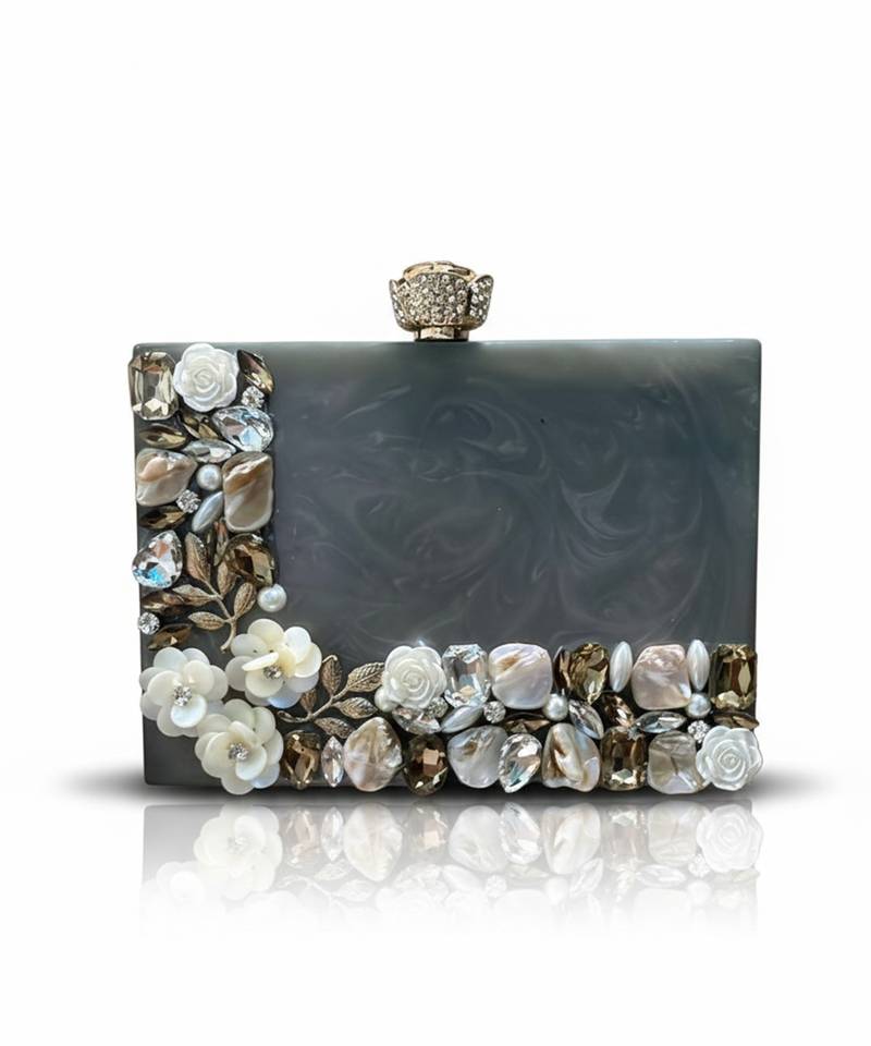 Grey pearl rexine box clutch