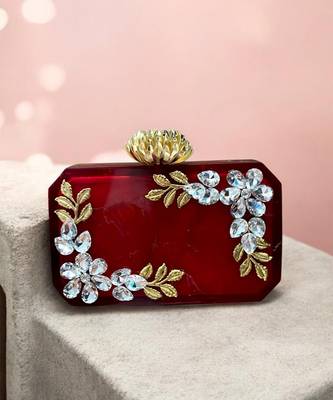 Ruby red rexine crystal clutch 1