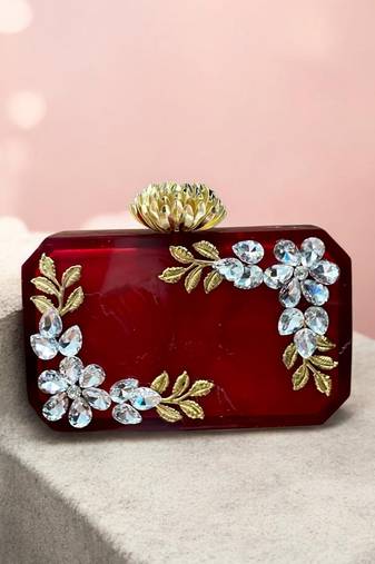 Ruby red rexine crystal clutch