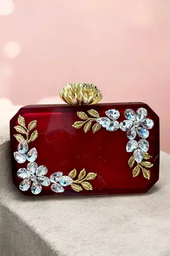 Ruby red rexine crystal clutch