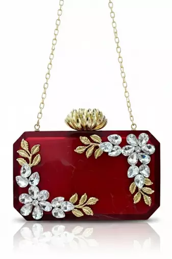 Ruby red rexine crystal clutch