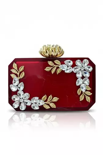 Ruby red rexine crystal clutch