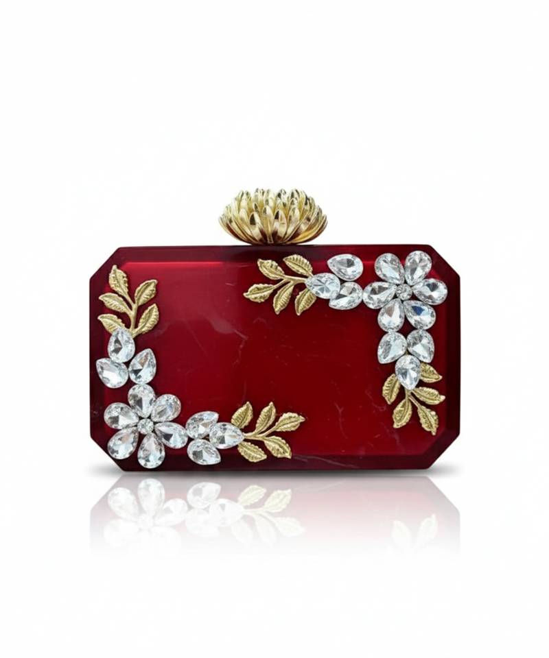 Ruby red rexine crystal clutch