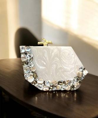 Ivory pearl rexine box clutch 1