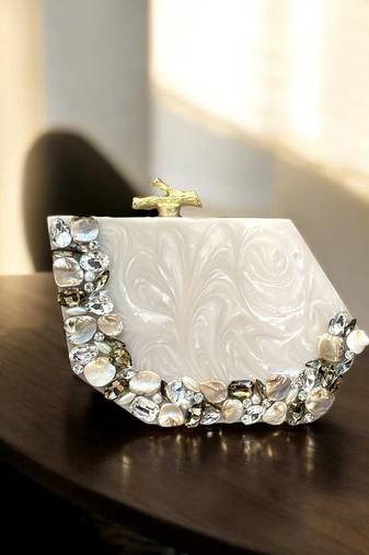 Ivory pearl rexine box clutch