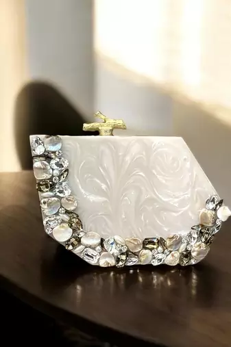Ivory pearl rexine box clutch