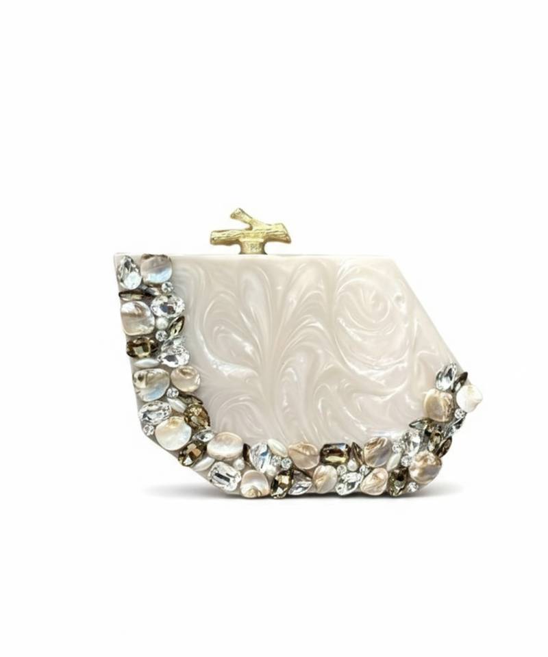 Ivory pearl rexine box clutch