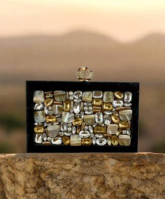 Jet black pearl rexine box clutch 1