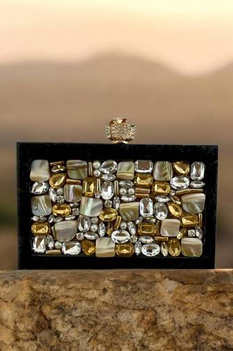 Jet black pearl rexine box clutch