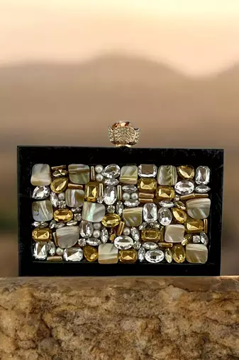 Jet black pearl rexine box clutch