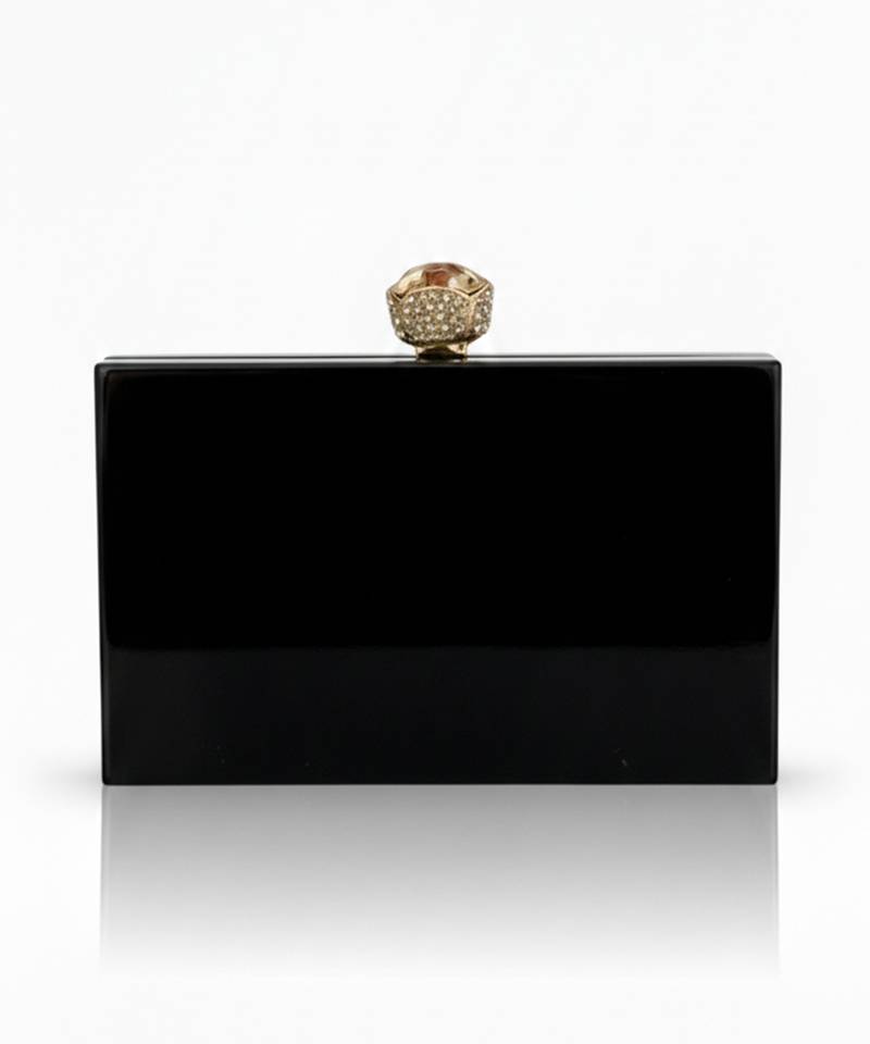 Jet black pearl rexine box clutch