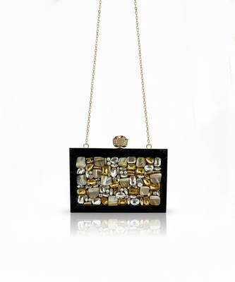 Jet black pearl rexine box clutch 3