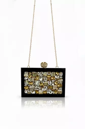 Jet black pearl rexine box clutch