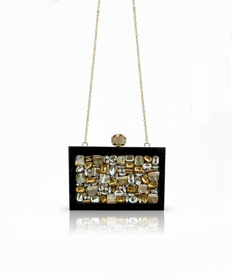 Jet black pearl rexine box clutch