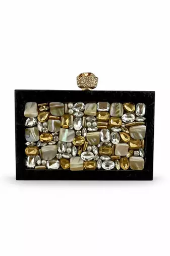Jet black pearl rexine box clutch