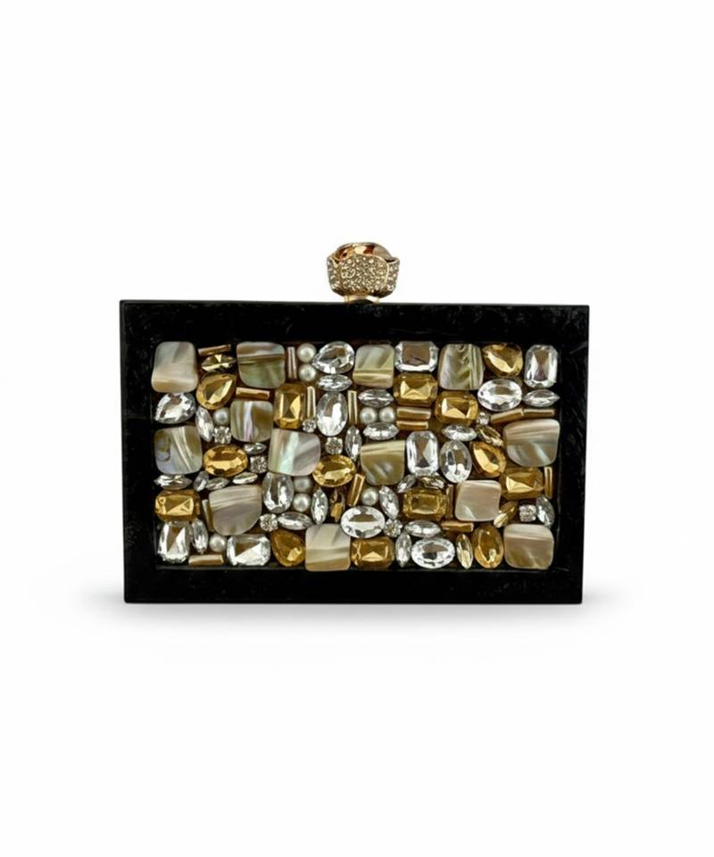 Jet black pearl rexine box clutch
