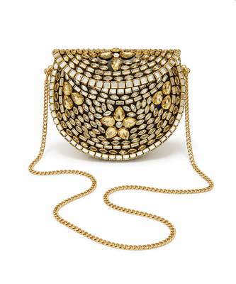 Metallic gold beaded mosaic clutch 1