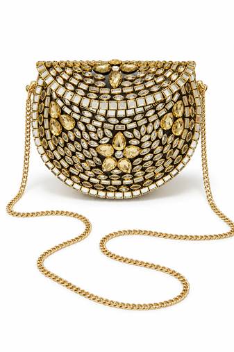 Metallic gold beaded mosaic clutch