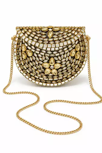 Metallic gold beaded mosaic clutch