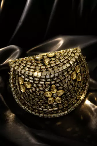 Metallic gold beaded mosaic clutch