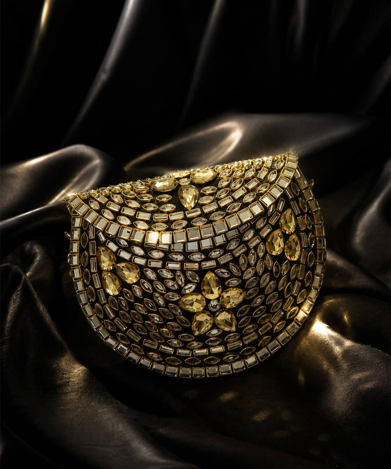 Metallic gold beaded mosaic clutch