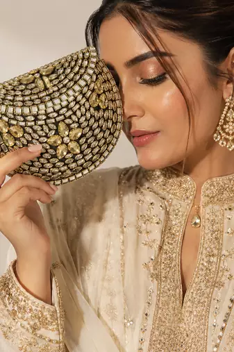 Metallic gold beaded mosaic clutch