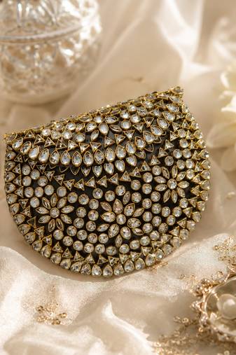 Black gold beaded metal mosaic clutch