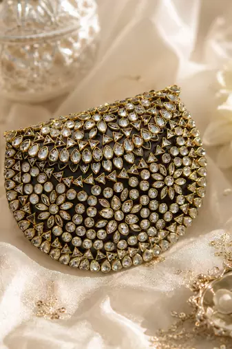 Black gold beaded metal mosaic clutch