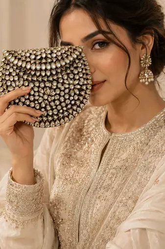 Black gold beaded metal mosaic clutch