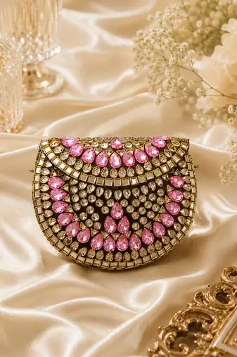 Pink gold beaded metal mosaic clutch
