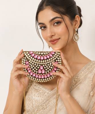 Pink gold beaded metal mosaic clutch 2